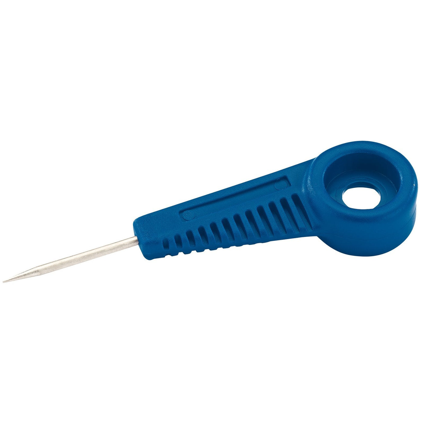 The Draper Carpenter's Awl - B117 features a sharp, pointed blade with a blue plastic handle and comes neatly display packed.