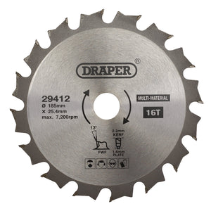 The Draper Tct Multi-Purpose Circular Saw Blade SBM3 features a 185mm diameter and a 25.4mm bore size with 16 teeth, supports up to 7200 RPM, and includes safety icons and specifications printed on its surface.