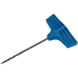 The Draper Twist Gimlet, 3mm - TG3 is a blue plastic T-handle drill bit featuring a long, spiral metal bit made from durable tool steel for precision.