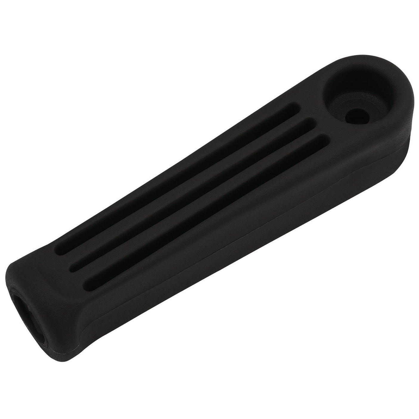 A Draper Plastic File Handle, 110mm - 563A, featuring a black rubber grip with three parallel grooves and a circular hole at one end, perfect for use with Draper files.