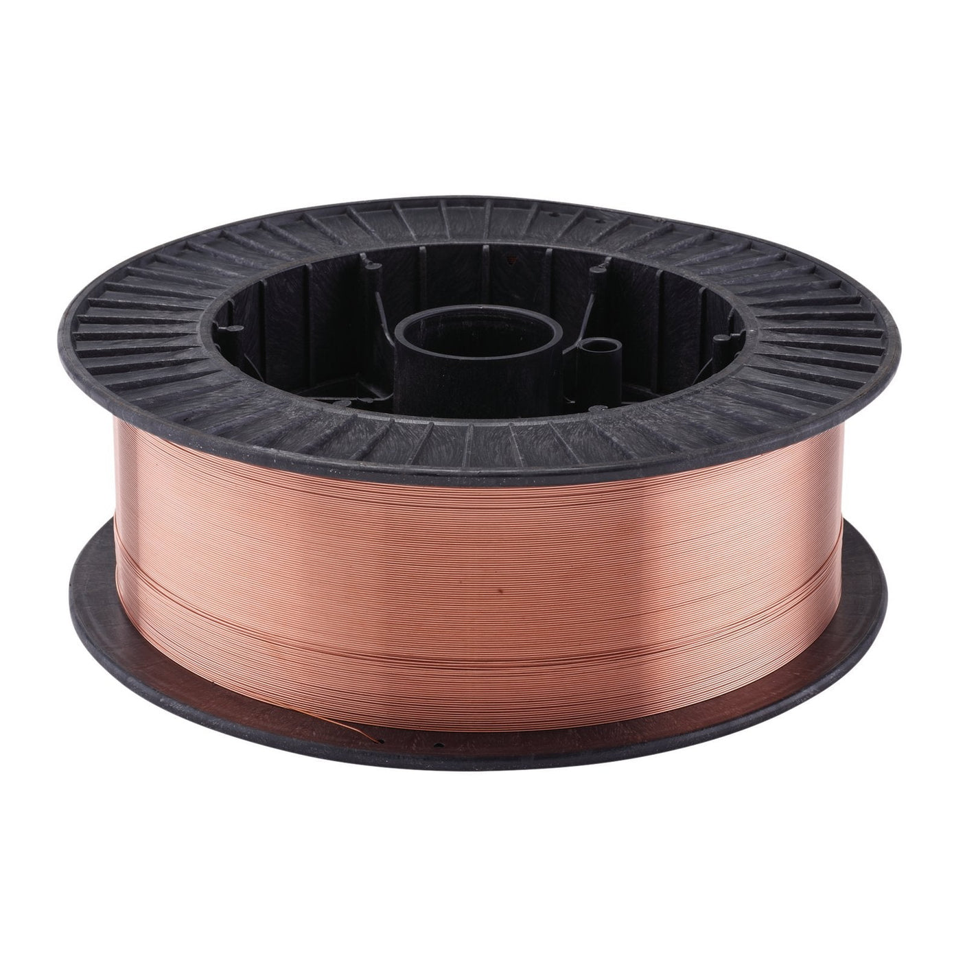 A spool of Draper Mild Steel Mig Welding Wire, 0.8mm, 15Kg - WMIGMS0815 is pictured. The black spool holds the tightly wound wire, making it ideal for MIG welders working on welding mild and medium tensile steels.