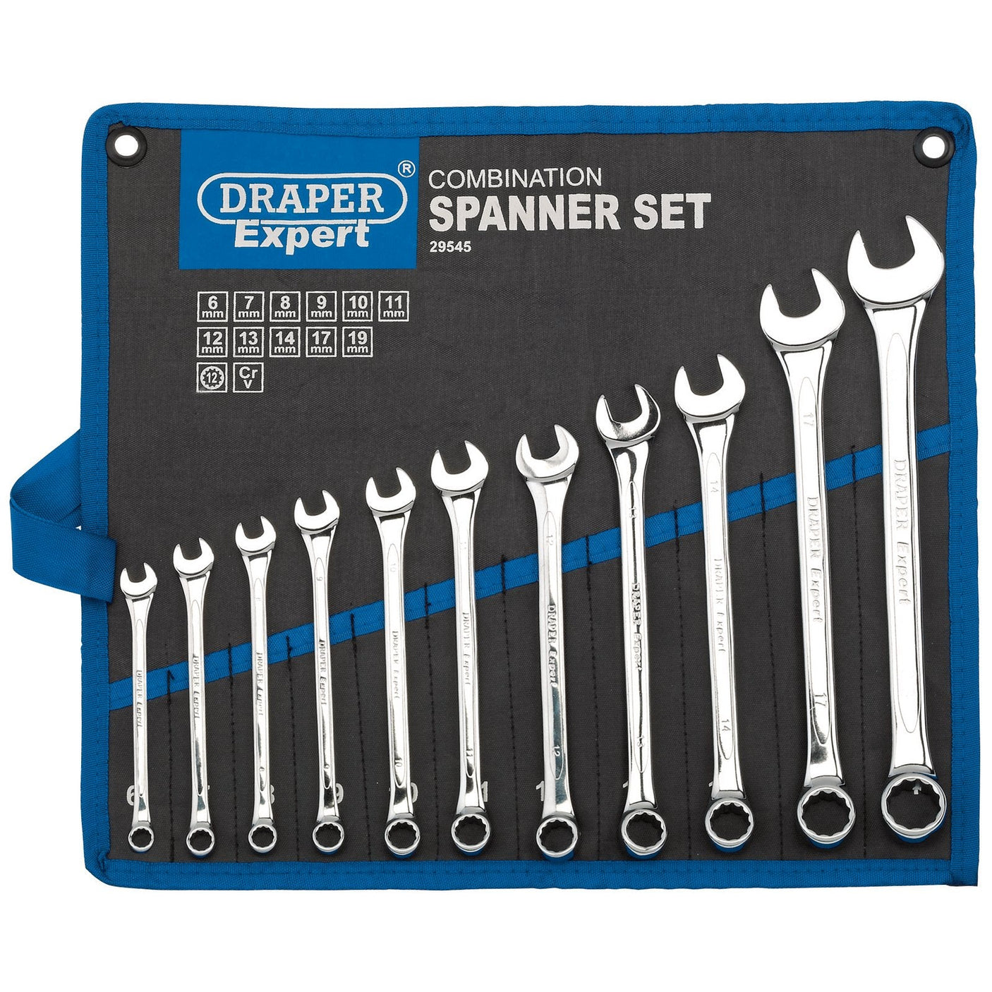 The Draper Expert Hi-Torq® Metric Combination Spanner Set (11 Piece) - 8220/11/MM from Draper includes 11 corrosion-protected chrome vanadium steel spanners of various sizes, all organized in a convenient roll-up pouch.