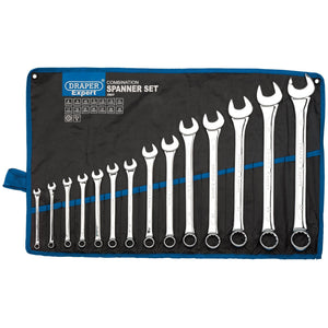 A Draper Expert Hi-Torq® Metric Combination Spanner Set (14 Piece - 8220/14/MM), featuring 14 spanners of varying sizes crafted from chrome vanadium steel for enhanced durability and corrosion resistance, all neatly arranged on a black and blue cloth holder.