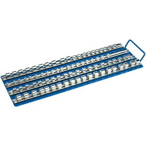 Image of the Draper Socket Retaining Bar Carrier (ST80B) in blue metal, featuring four rows of clips for 1/4", 3/8", and 1/2" square drive socket storage, with a fold-down carrying handle.