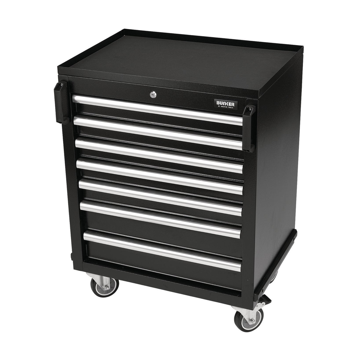 The Draper Bunker® Modular Mobile Cabinet, 7 Drawer, 646mm - MS400-7T is a premium-quality steel unit in black that features seven drawers and four caster wheels, making it an ideal mobile cabinet.