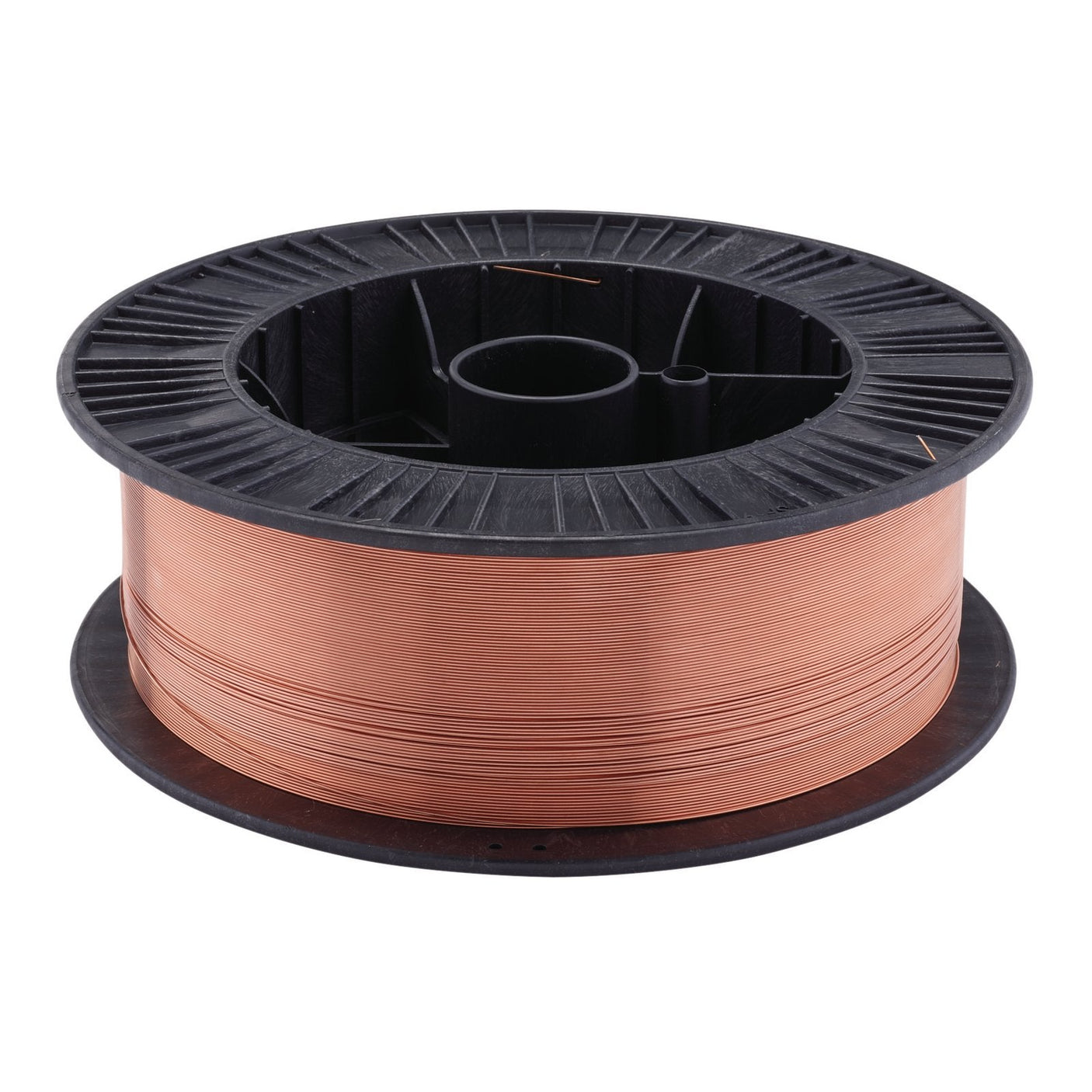 A Draper Mild Steel Mig Welding Wire, 1.0mm, 15Kg - WMIGMS1015, wrapped around a black circular plastic reel, placed on a white background.