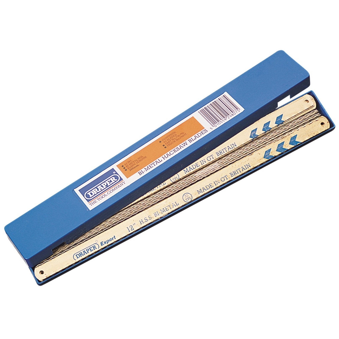 A blue plastic case containing three Draper Bi-Metal Hacksaw Blades, 300mm, 32 TPI (Box of 50) - 736/50 with high-speed steel saw edges.