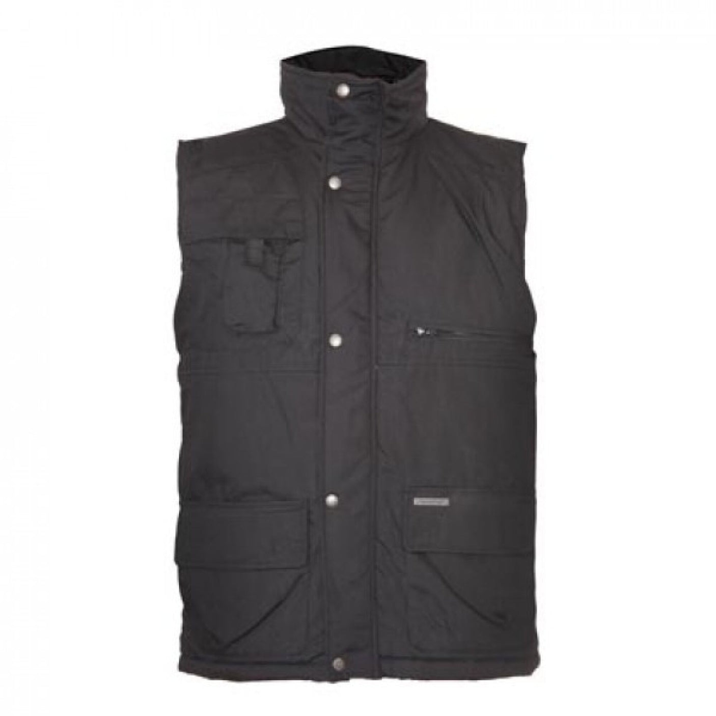 A Champion Peak Bodywarmer Black by Cottonmount, featuring a sleeveless utility design with multiple pockets, a high collar, and a quilted lining, displayed on a white background.