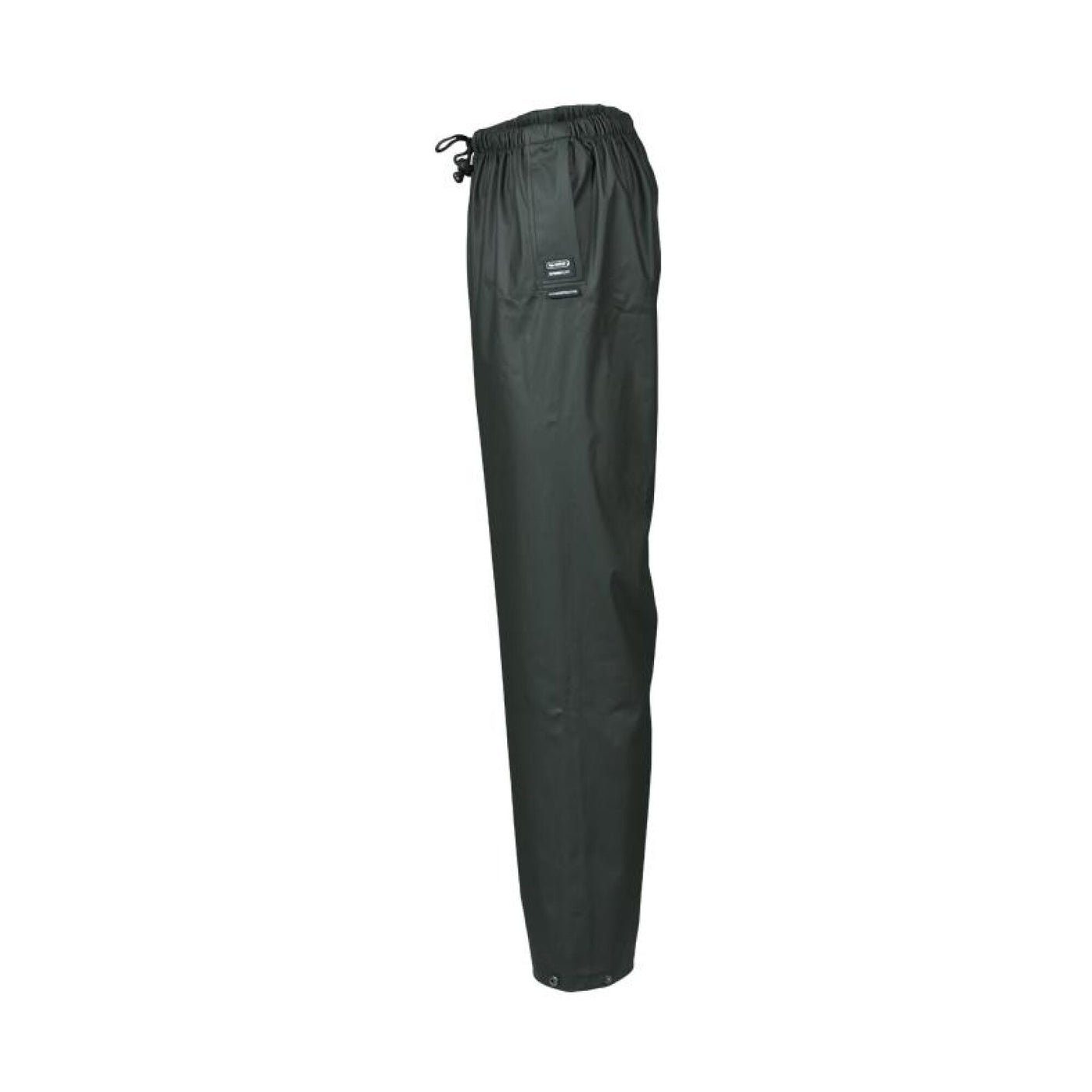 A pair of Swampmaster No-Sweat Stormgear Waterproof Trousers in green from Cottonmount is displayed on a plain white background, showcasing the right side and front pocket detail.