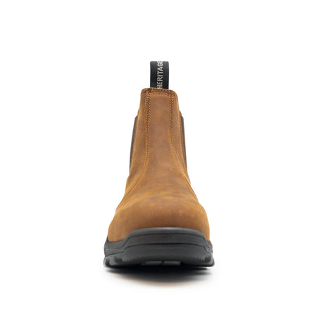 Front view of a single brown Xpert Heritage Dealer S3L Safety Boot by Cottonmount with black elastic side panels, a pull tab at the back, and a slip-resistant outsole.