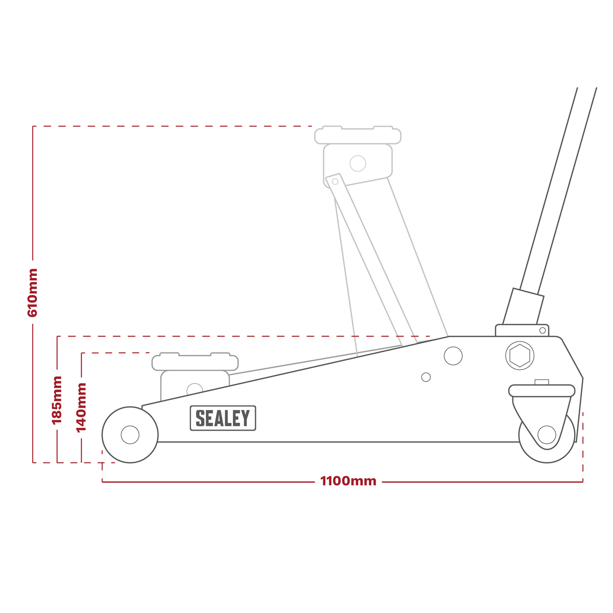 Technical diagram of the Sealey Trolley Jack 3 Tonne European Style - 3000ES with labeled dimensions: height 610mm, length 1100mm, minimum lifting height 140mm, and maximum lifting height 185mm. Features a lift-and-twist 'Dead Man' mechanism for safety and a 2-speed lifting and lowering system for efficiency.