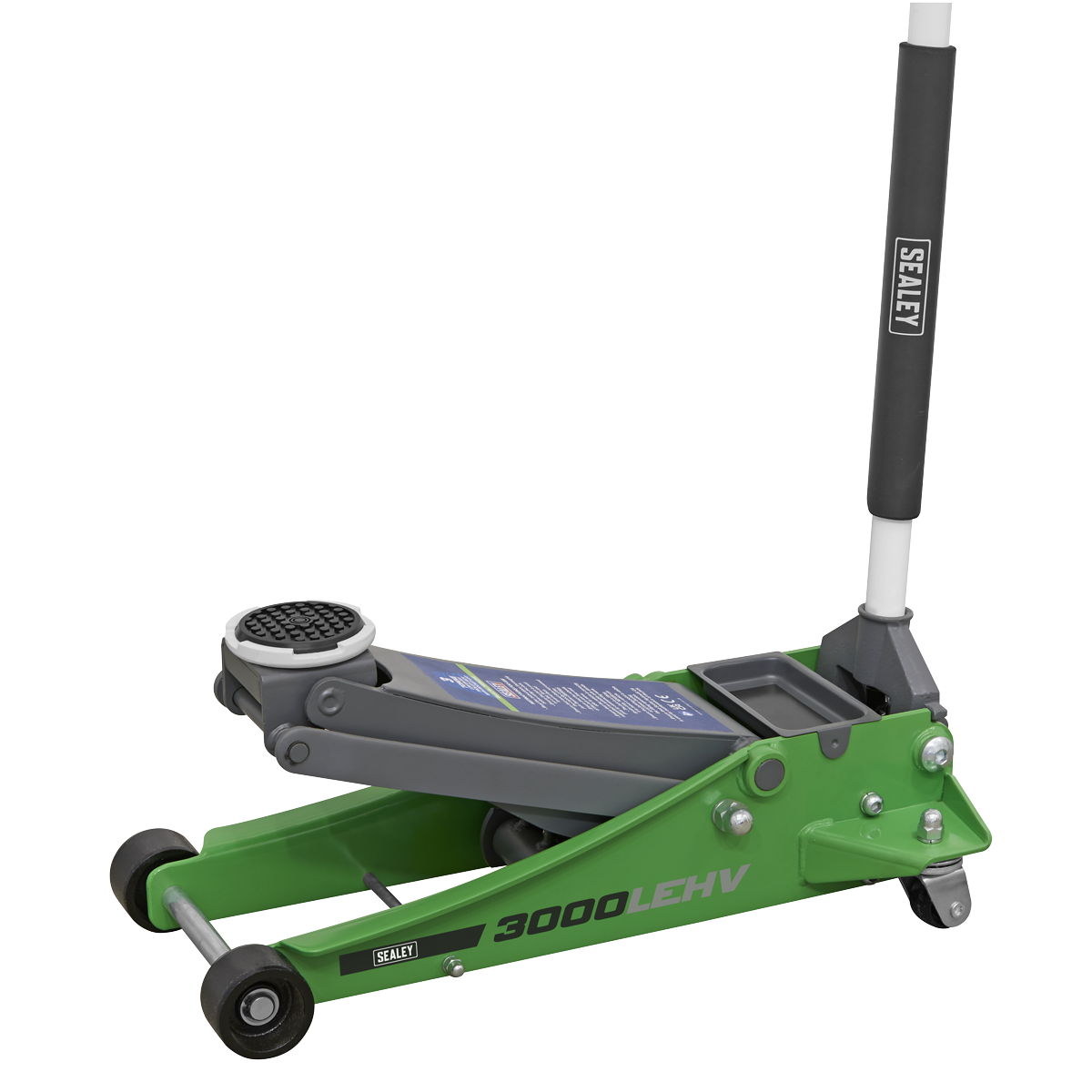 A green and gray Sealey "Trolley Jack 3 Tonne Low Profile Rocket Lift Hi-Vis Green - 3000LEHV" with a long white handle and a profiled lifting arm, used for lifting vehicles.