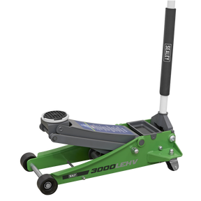 A green and gray Sealey "Trolley Jack 3 Tonne Low Profile Rocket Lift Hi-Vis Green - 3000LEHV" with a long white handle and a profiled lifting arm, used for lifting vehicles.