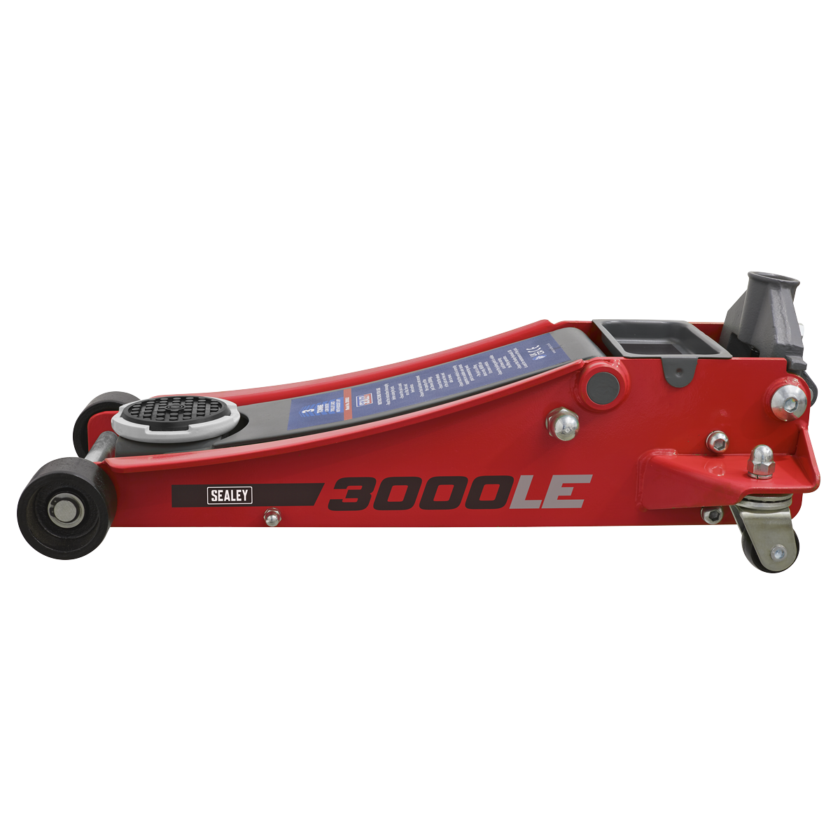 Introducing the Sealey Trolley Jack 3tonne Low Profile Rocket Lift Red - 3000LE, featuring a durable steel chassis, carrying handle, and a convenient lifting pad. The efficient twin piston rocket lift and low profile lifting range make it versatile for various applications.