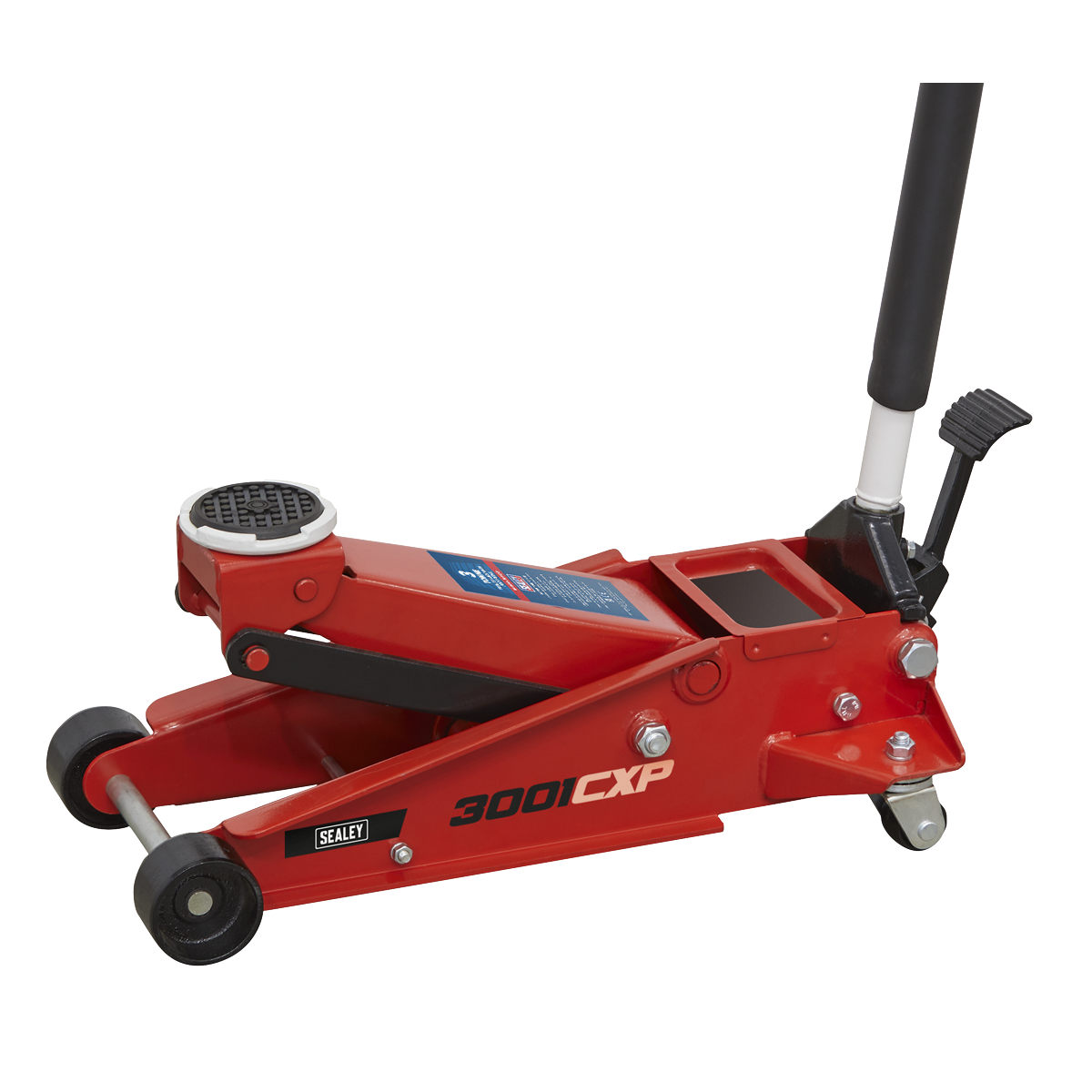 The Sealey Trolley Jack 3 Tonne with Foot Pedal (3001CXP) is perfect for lifting vehicles. Featuring a long handle, black saddle, and heavy-duty castors, it offers a versatile lifting range and includes a safety overload valve for extra protection.