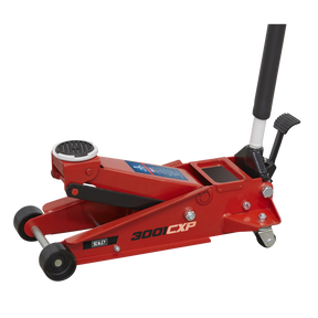 The Sealey Trolley Jack 3 Tonne with Foot Pedal (3001CXP) is perfect for lifting vehicles. Featuring a long handle, black saddle, and heavy-duty castors, it offers a versatile lifting range and includes a safety overload valve for extra protection.