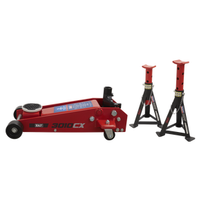A Sealey Trolley Jack 3 Tonne Standard Chassis with heavy-duty castors and two ratchet-type axle stands, each with a 3-tonne capacity (3010CX), all designed for lifting and supporting vehicles.