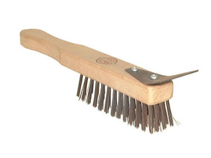 An ABRACS Wire Brush - 4 Row With Scraper, identified by Sparex Part Number S.3012, features a wooden handle and stiff 30swg steel wire bristles with a scraper attached to the top end.