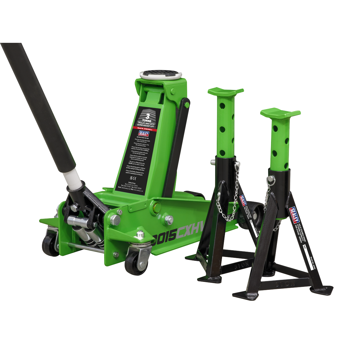 Trolley Jack 3 Tonne with Super Rocket Lift & Axle Stands (Pair) 3 Tonne Capacity per Stand-Hi-Vis - 3015CXHV - Farming Parts