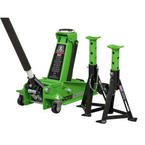 Trolley Jack 3 Tonne with Super Rocket Lift & Axle Stands (Pair) 3 Tonne Capacity per Stand-Hi-Vis - 3015CXHV - Farming Parts