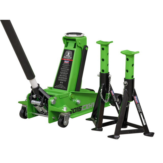 Trolley Jack 3 Tonne with Super Rocket Lift & Axle Stands (Pair) 3 Tonne Capacity per Stand-Hi-Vis - 3015CXHV - Farming Parts
