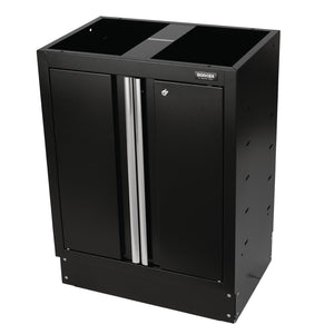 A Draper Bunker® Modular Floor Cabinet (model MS400-2BC) features two front doors with vertical silver handles, meticulously crafted from premium quality black steel, and labeled "Bunker" at the top right corner. This versatile modular storage system also includes an adjustable shelf for customizable organization.