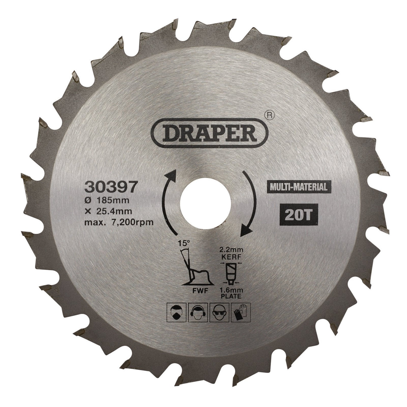 A circular saw blade known as the Draper Tct Multi-Purpose Circular Saw Blade SBM4, featuring 20 teeth, a diameter of 185 mm, and a maximum speed of 7,200 RPM.