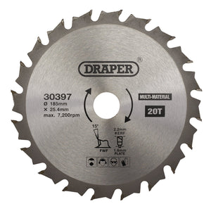 A circular saw blade known as the Draper Tct Multi-Purpose Circular Saw Blade SBM4, featuring 20 teeth, a diameter of 185 mm, and a maximum speed of 7,200 RPM.