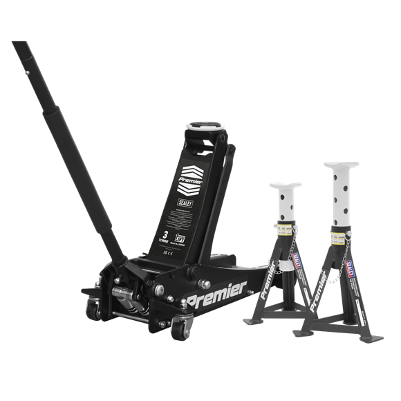 Sealey | Premier Trolley Jack 3 Tonne & Axle Stands (Pair) 3 Tonne per Stand Combo - 3040ABCOMBO