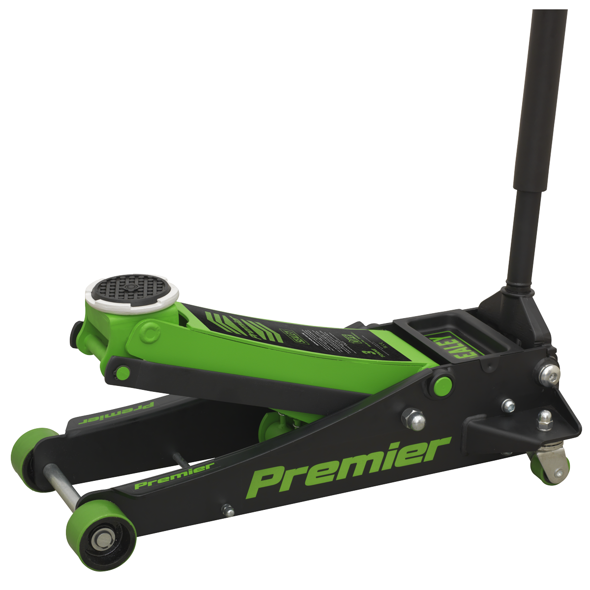 The Sealey Trolley Jack 3 Tonne Rocket Lift Green - 3040AG boasts a robust design with a heavy base and lifting mechanism, along with a versatile handle for a wide lifting range and rocket lift capability, making it ideal for raising vehicles.