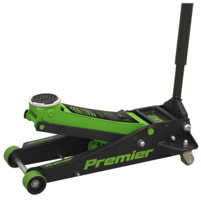 The Sealey Trolley Jack 3 Tonne Rocket Lift Green - 3040AG boasts a robust design with a heavy base and lifting mechanism, along with a versatile handle for a wide lifting range and rocket lift capability, making it ideal for raising vehicles.