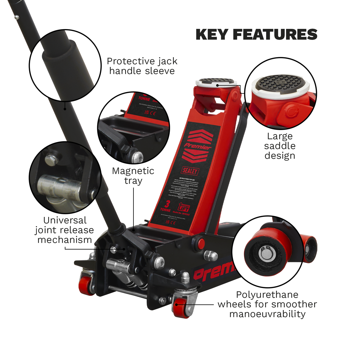 The Sealey Trolley Jack 3 Tonne Rocket Lift Red - 3040AR features key elements such as a protective jack handle, magnetic tray, universal joint release mechanism, large saddle design, heavy base for stability, and polyurethane wheels.