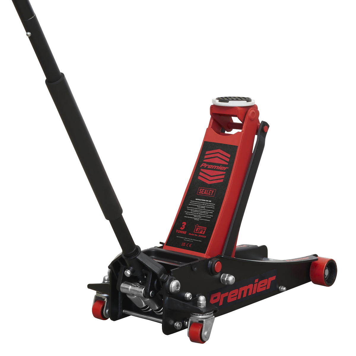 A red hydraulic trolley jack with black accents, branded "Sealey," featuring the model name "Trolley Jack 3 Tonne Rocket Lift - 3040AR," offering a versatile lifting range and a heavy base design for added stability.