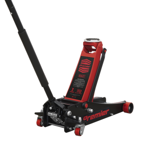 A red hydraulic trolley jack with black accents, branded "Sealey," featuring the model name "Trolley Jack 3 Tonne Rocket Lift - 3040AR," offering a versatile lifting range and a heavy base design for added stability.
