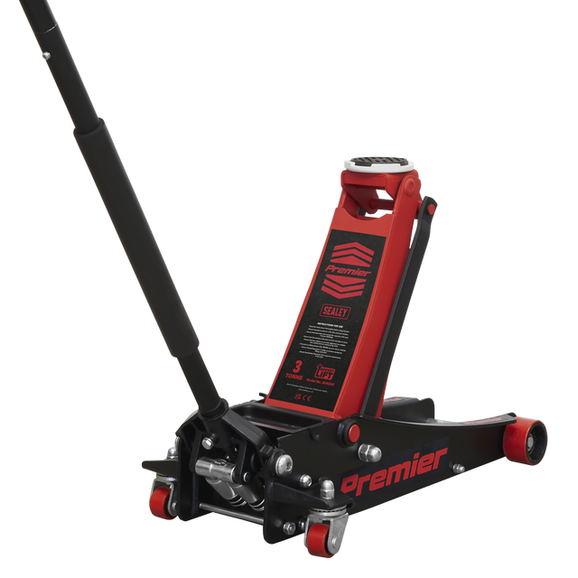 A red hydraulic trolley jack with black accents, branded "Sealey," featuring the model name "Trolley Jack 3 Tonne Rocket Lift - 3040AR," offering a versatile lifting range and a heavy base design for added stability.