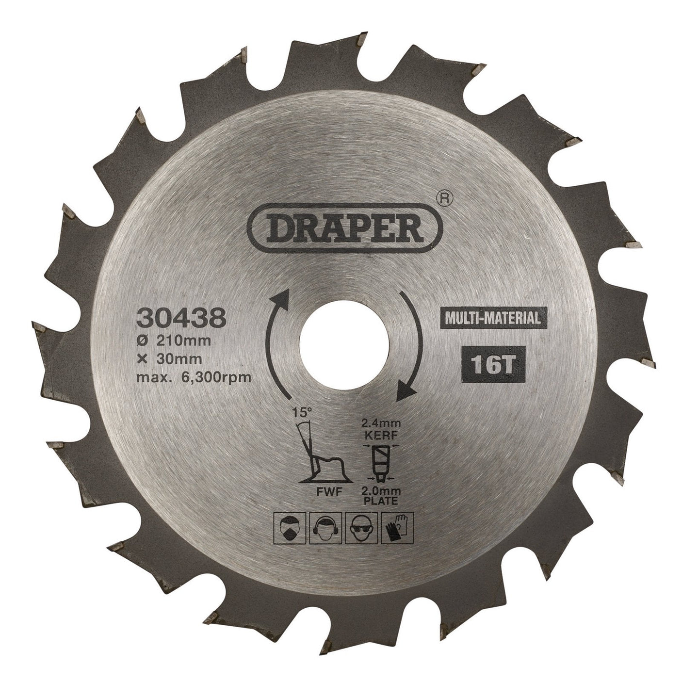 Circular saw blade labeled "Draper Tct Multi-Purpose Circular Saw Blade, 210 X 30mm, 16T - SBM5" with specifications including a 210mm diameter, 30mm bore, 16 teeth, and a maximum speed of 6,300 RPM.