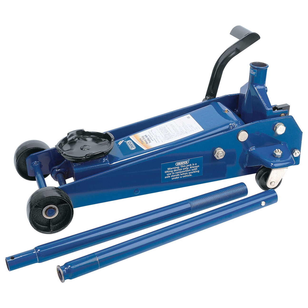 The Draper 'Quick Lift' Trolley Jack, 3 Tonne - TJ3HD/QL/B is a blue hydraulic floor jack equipped with a handle and release valve, two detachable handles, and black wheels. This heavy-duty jack features a quick-lift foot pedal and is perfect for any automotive workshop. It is ideal for lifting vehicles efficiently.