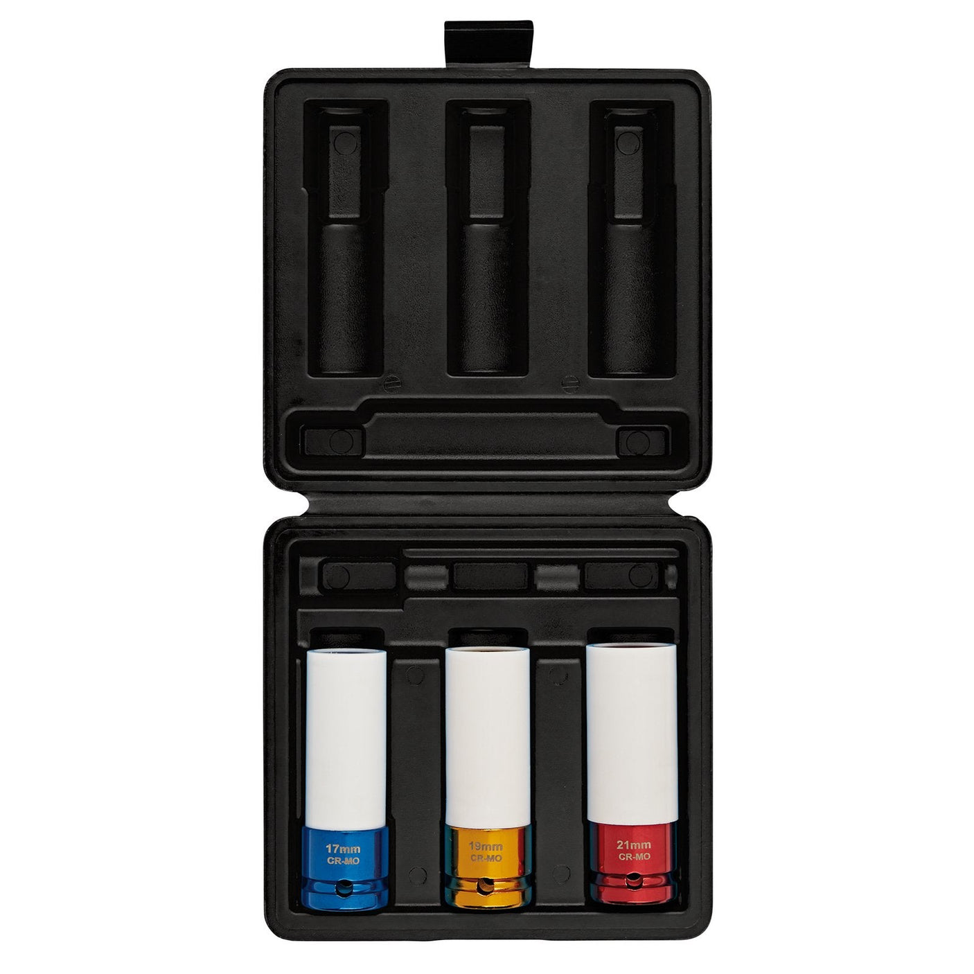 A black tool case contains four colored Draper Hi-Torq® Wheel Nut Sockets for Alloy Wheels, each expertly crafted from durable chrome molybdenum and clearly labeled with different sizes: 17mm (blue), 19mm (yellow), 21mm (red), and 22mm (white). Ideal for precision work, these Draper HI-TORQ® wheel nut sockets ensure reliability and performance.