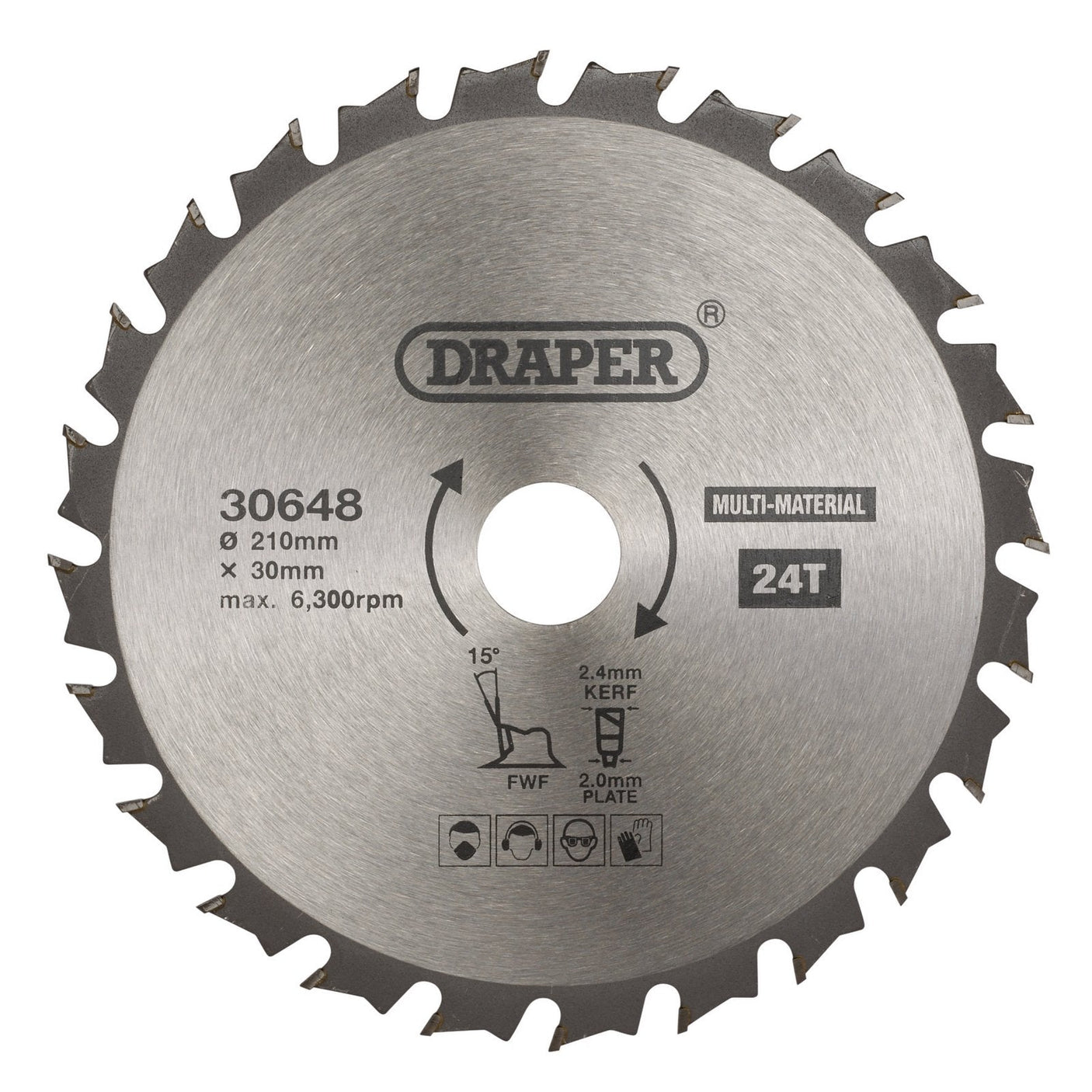 A Draper Tct Multi-Purpose Circular Saw Blade, measuring 210mm in diameter with a 30mm bore, featuring 24 teeth and a 2.4mm kerf. It is labelled "30648" and supports a maximum speed of 6,300 rpm, making it suitable for multi-material use.