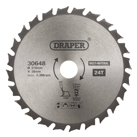 Draper Tct Multi-Purpose Circular Saw Blade, 210 X 30mm, 24T - SBM6 - Farming Parts