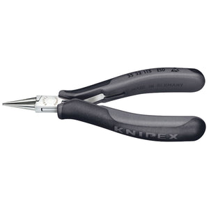 Close-up of Draper Knipex 35 32 115 Esd Round Jaw Antistatic Pliers with black handles and pointed tips, labeled "Made in Germany." Professional quality is ensured by the precision box joint design.