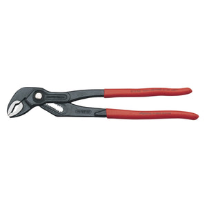 The Draper Knipex Cobra® 87 01 300Sb Waterpump Pliers, 300mm - 87 01 300 SB, with red grips, are crafted from durable chrome vanadium steel and feature multiple grooves for varying jaw widths along with a convenient one-hand adjustment mechanism.