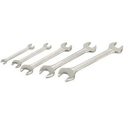 Five open-end wrenches of varying sizes, forged from hardened and tempered chrome vanadium steel, arranged in a row from smallest to largest - the Draper Af Open End Spanner Set (5 Piece) - 5049/5/AF.