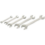 Five open-end wrenches of varying sizes, forged from hardened and tempered chrome vanadium steel, arranged in a row from smallest to largest - the Draper Af Open End Spanner Set (5 Piece) - 5049/5/AF.