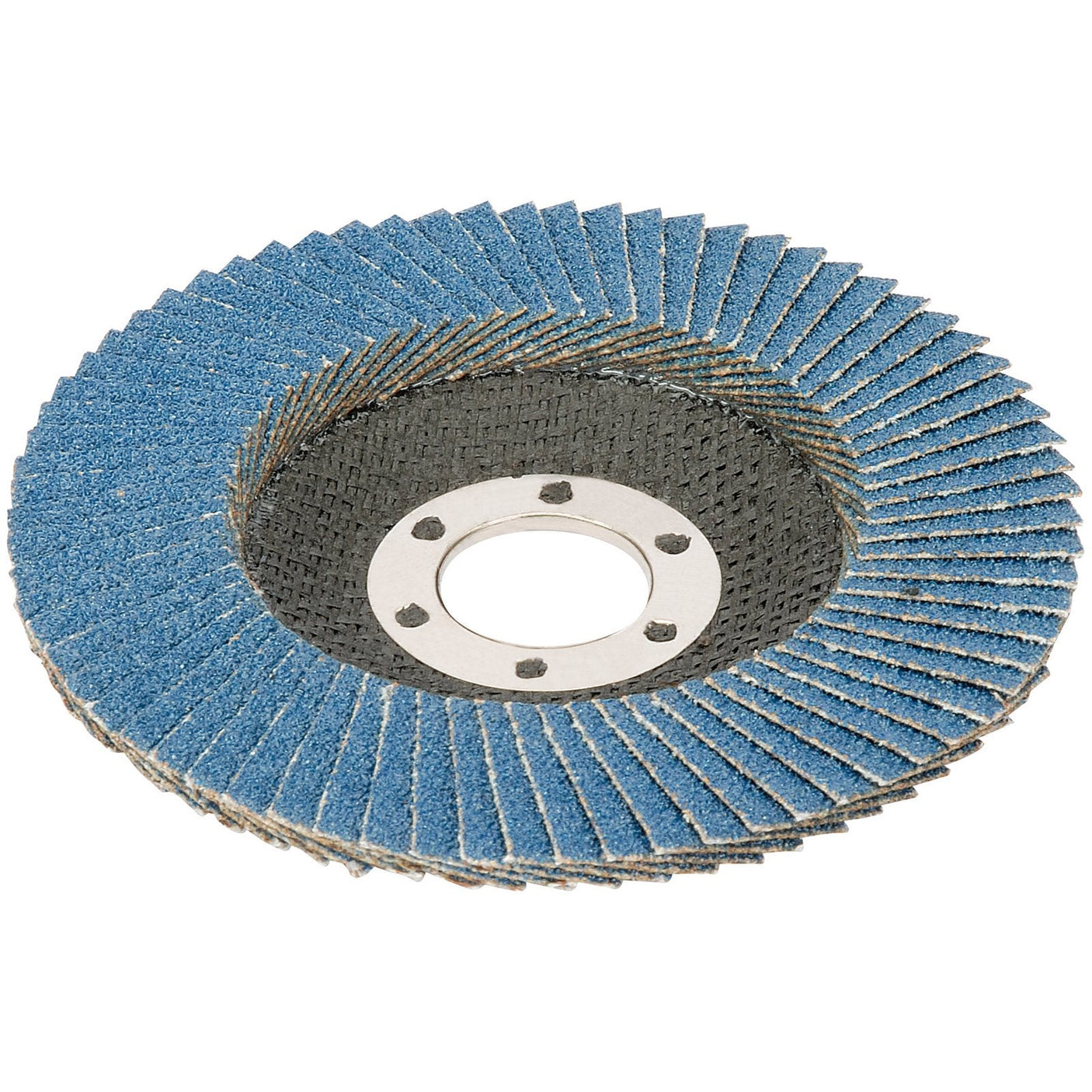 The Draper Zirconium Oxide Flap Disc, 100mm, 40 Grit - APT147, features a blue design with multiple overlapping flaps arranged in a circular pattern, specifically engineered for grinding and finishing metal surfaces.