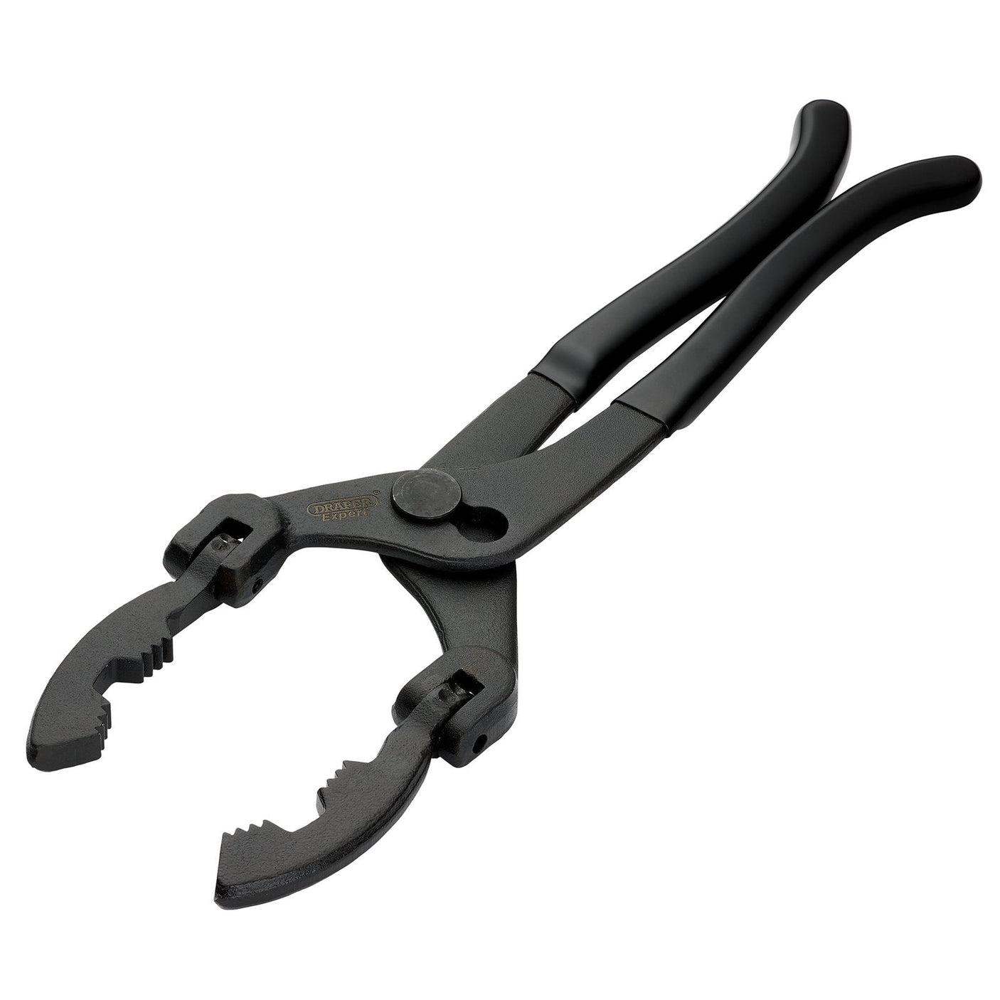 The Draper Expert Adjustable Oil Filter Pliers, 335mm - OFW57-120 is a specialized automotive tool featuring adjustable swivel gripping jaws for clamping or gripping, with rubber-coated handles for improved grip. This tool is offered by the trusted brand Draper and comes in black.