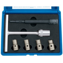 The Draper Diesel Injector Seat Cutter Set (6 Piece) - DISC6 comes in a blue plastic case and includes a T-handled wrench, an extension rod, and four metal hole saw drill bits with different diameters, all stored in black foam compartments. It is ideal for re-cutting diesel injector seats or working on cylinder heads.