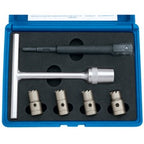 The Draper Diesel Injector Seat Cutter Set (6 Piece) - DISC6 comes in a blue plastic case and includes a T-handled wrench, an extension rod, and four metal hole saw drill bits with different diameters, all stored in black foam compartments. It is ideal for re-cutting diesel injector seats or working on cylinder heads.