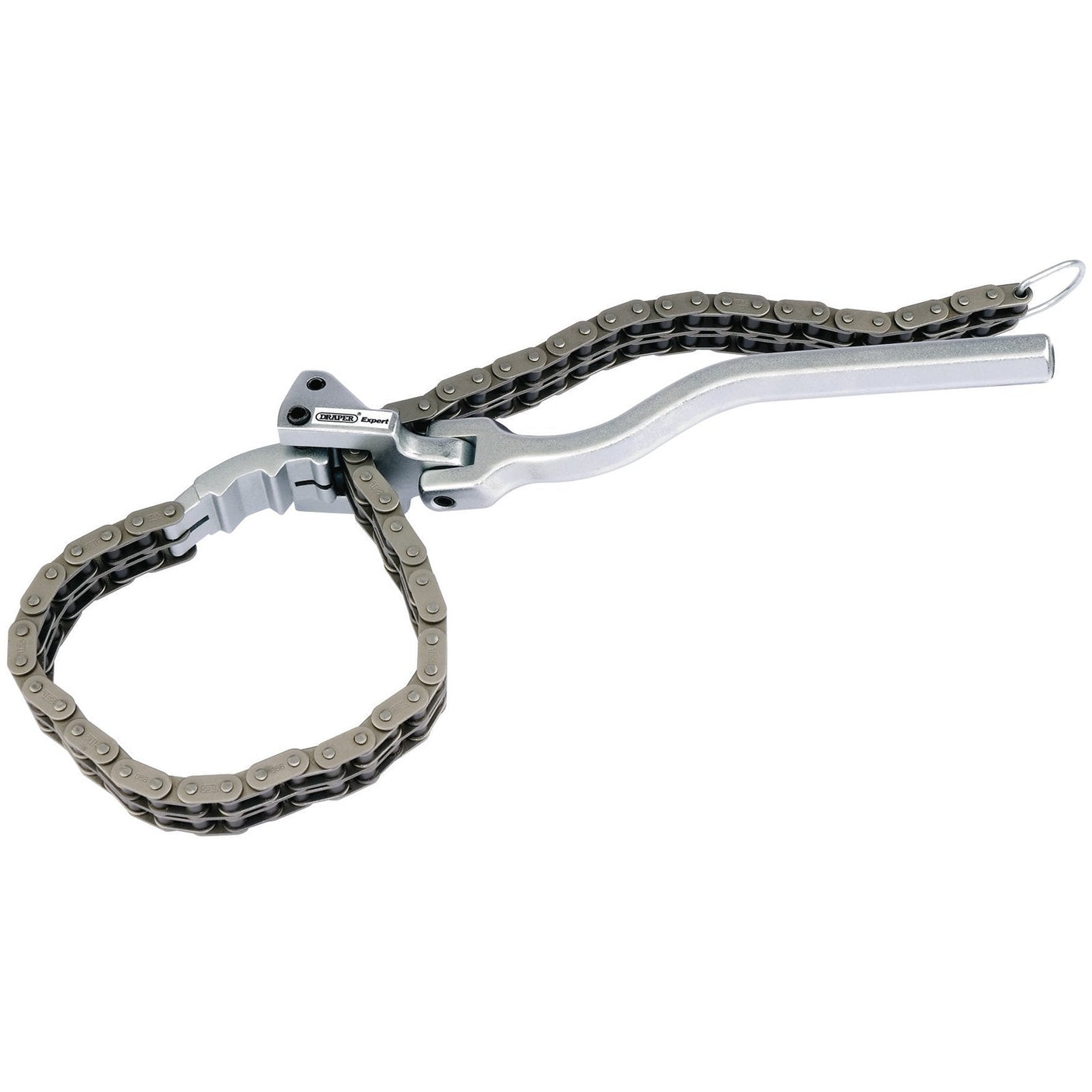 The Draper Chain Wrench, 60 - 160mm - CWHD2 by Draper, featuring an adjustable chain loop and a double locking system, is designed for gripping and turning objects, especially cylindrical shapes like pipes.