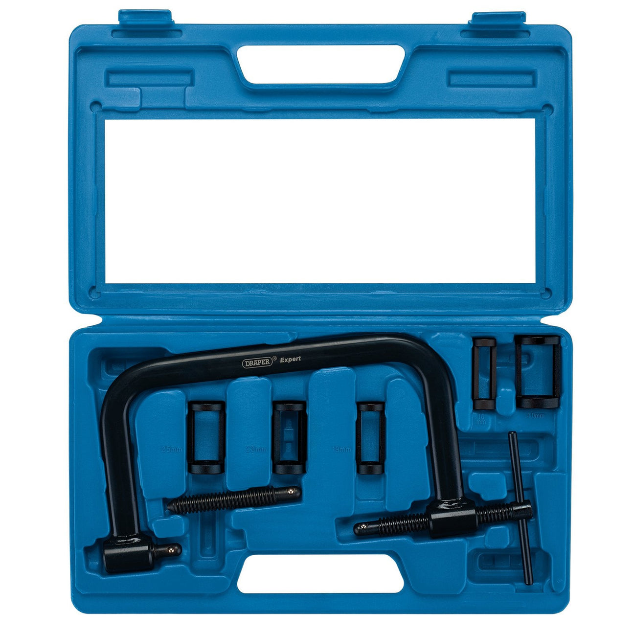 The Draper Multi-Way Valve Spring Compressor, 132mm - VSC7, by Draper, is a blue plastic case featuring a black valve spring compressor tool, five various-sized adapters, and supplementary valve cups designed for marine engine applications.